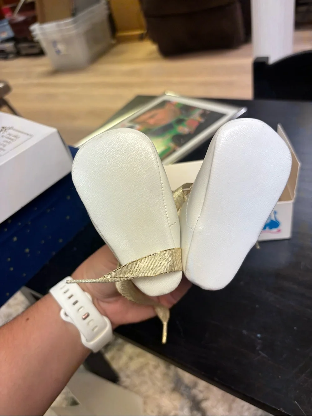 Vintage Baby White Sneakers with Gold Ribbon Laces